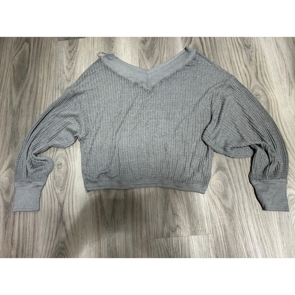 We The Free People Grey Waffle Knit V-Neck Thermal Top Small Oversized Slouchy